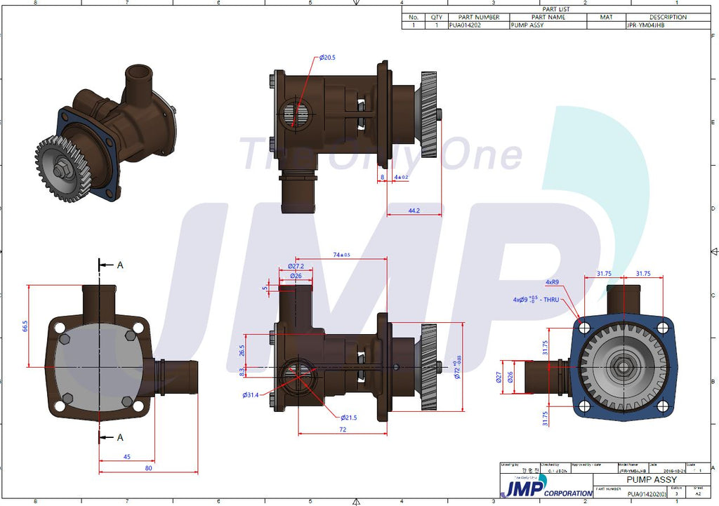 Yanmar 3JH4E, 3JH5E, 4JH5E Seawater Pump 129271-42502 Replacement JPR-YM04JHB