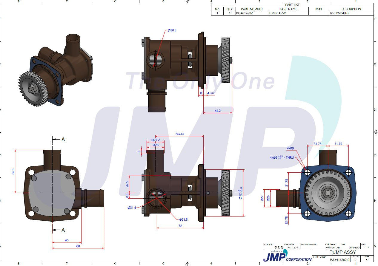 Yanmar 3JH4E, 3JH5E, 4JH5E Seawater Pump 129271-42502 Replacement JPR-YM04JHB