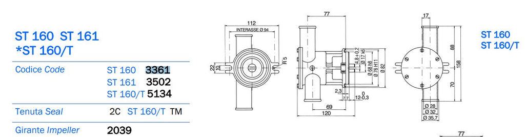 Volvo Penta Seawater Pump Replacement 31, 32, 42, 43 Series 3583095, 3583115 AN 3361