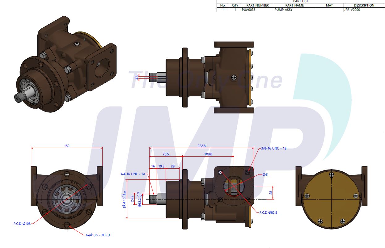 Volvo Penta 3829311 TAMD 61, 71, 100, 120, 121, Series JMP JPR-V2000, 1.5" Ports