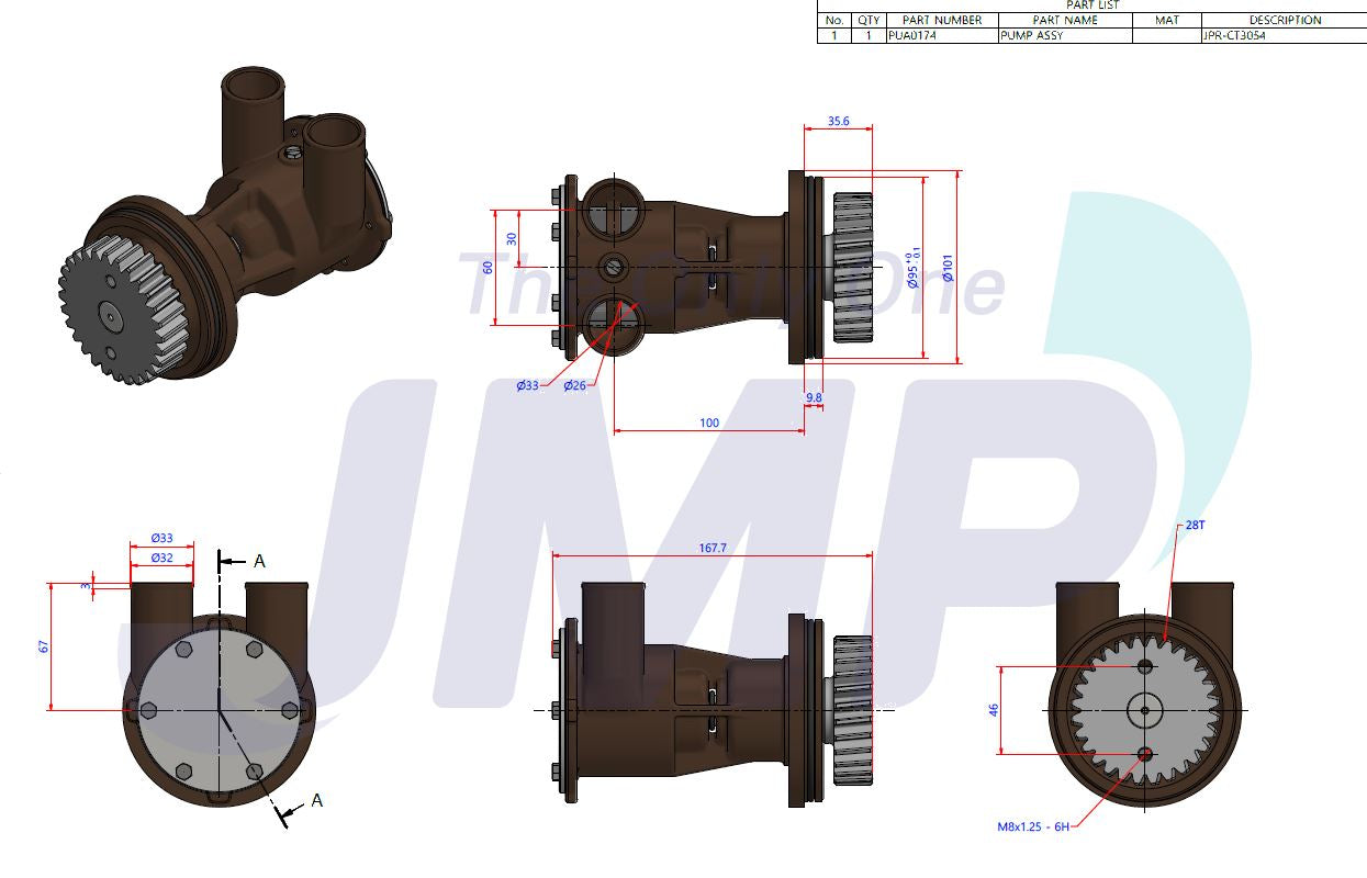 Sabre Perkins M130 M135 Seawater Pump Replacement JMP JPR-CT3054
