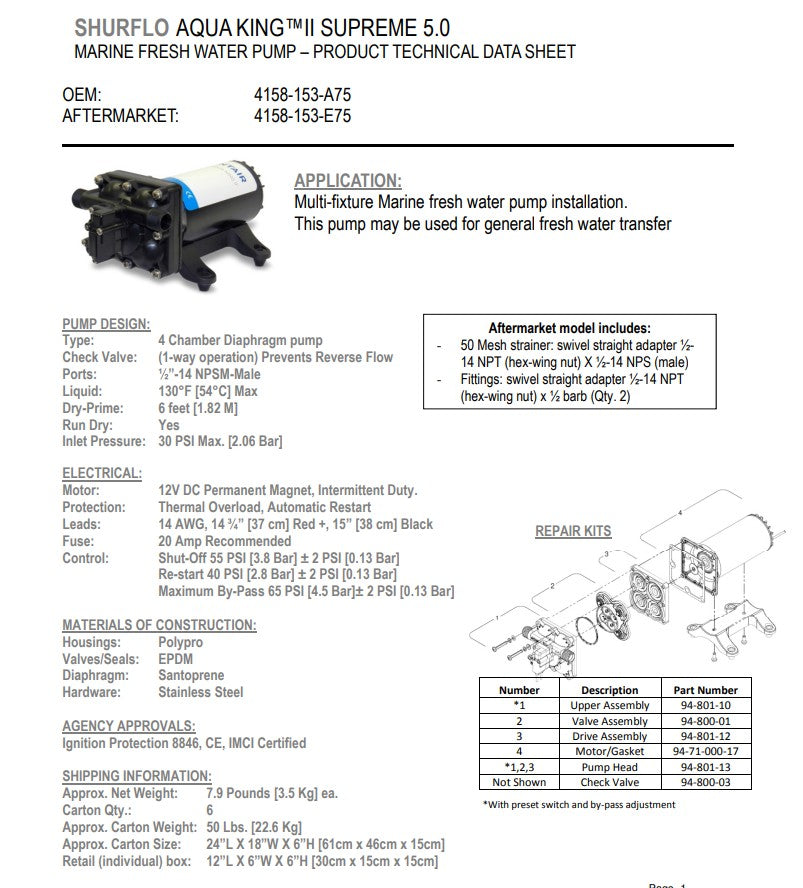 12V SHURflo PRESS PUMP 19LPM DIAPHRAGM "AQUAKING II SUPREME"
