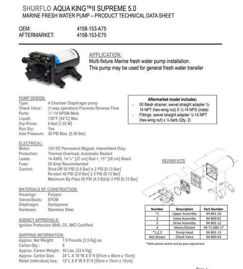 12V SHURflo PRESS PUMP 19LPM DIAPHRAGM "AQUAKING II SUPREME"