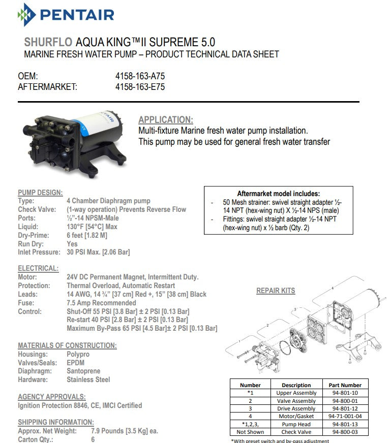 24V SHURflo PRESS PUMP 19LPM DIAPHRAGM "AQUAKING II SUPREME"