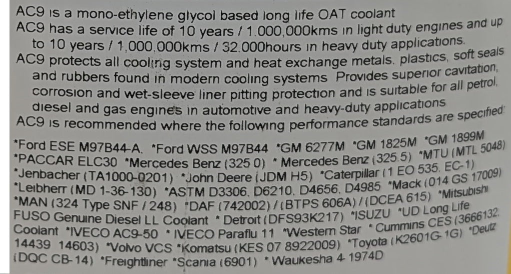 Yellow Marine Coolant AC9-50 VCS (Volvo Spec) PREMIX 5 Litre