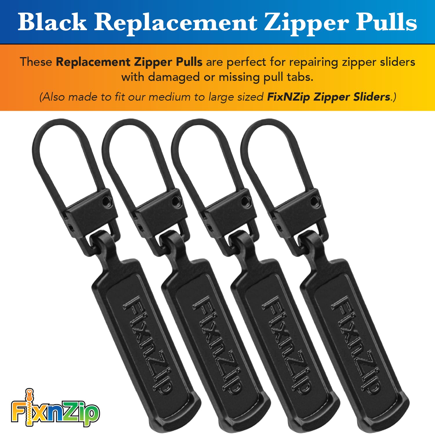 FixnZip Black Zipper Pull Tabs - 3 Pack