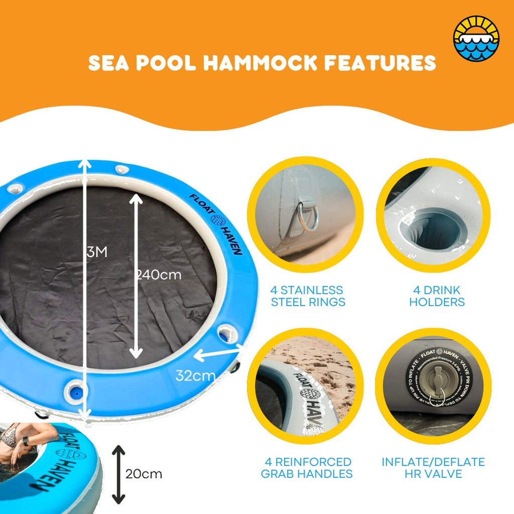 Float Haven 3M Sea Pool - Large Round Inflatable Floating Island & Water Hammock